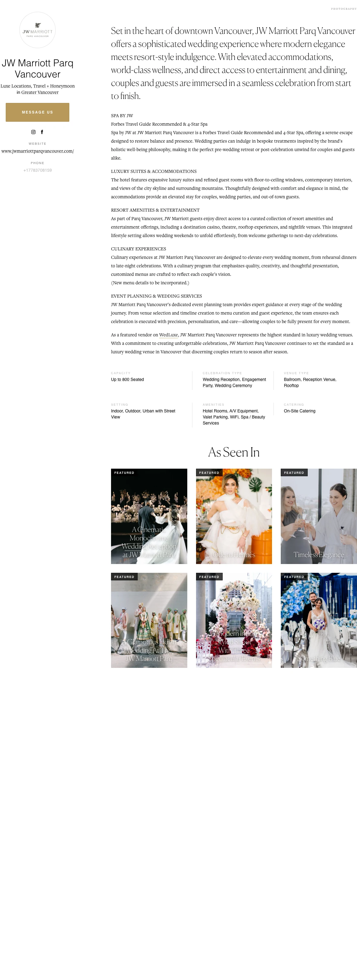 Complete JW Marriott Parq Vancouver WedLuxe Company Profile showing contact information and all six featured stories
